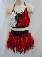 Red Black White Sequin Fringe Beads Jazz 2 Piece Dance Costume Child Medium CM