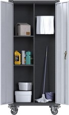 Tall Metal Storage Cabinet 180cm Lockable Doors Shelves Wheels Broom Closet