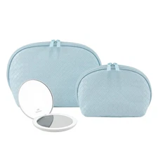 GloTech 2-pack Faux Leather Cosmetic Bags + Rechargeable Compact Mirror Blue