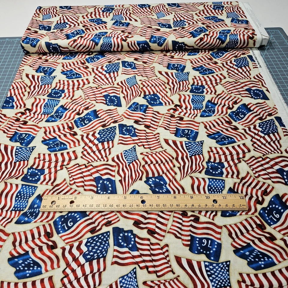 27" Home of the Brave Dan Morris Quilting Treasures Tan Blue Red Flags USA - Image 3 of 3