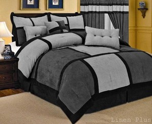 Gray Black Micro Suede Comforter Set Queen Size New 7 Piece