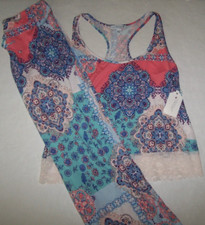 NWT In Bloom by Jonquil Peach/Blue PATCHWORK Slinky Knit Pajama/Lounge Set XL