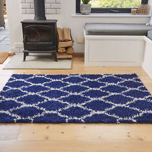 Navy Blue Trellis Shaggy Rugs Non Shed Moroccan Living Room Rug Hallway Runners