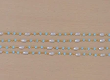 3mm Turquoise faceted beads & rice pearl rosary chain, beaded bulk roll chain