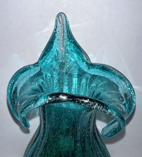 Vintage Krosno mundgeblasenes Glas Jack in Kanzel Glitzer türkis blau-grün große 13" Vase - Bild 7 von 15