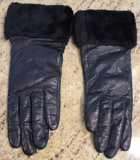 Vintage Size M 6.5 Black Faux Fur Cuff Soft Leather 9.5" Lined Gloves Fownes