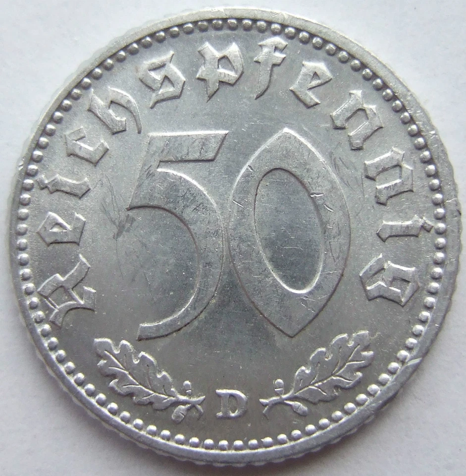 50 Reichspfennig 1940 D München Münze Deutsches Reich 3. Reich fast Stempelglanz - Bild 1 von 2