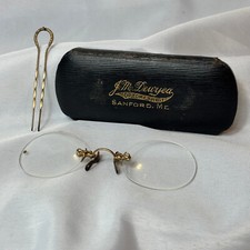 Antique Globe Pince - Nez Eyeglasses Nose Pincher With Hair Pin In Case