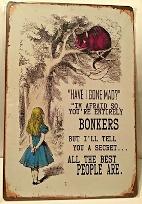 Tin sign 8x12 Alice Wonderland fairytale storybook Cat tree bonkers vintage K49+