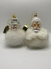 Two Vintage 2001 Enesco Glass Santa And Snowman Heads Christmas Ornaments w tags