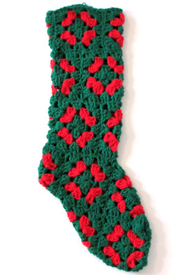 Vintage CROCHETED Granny Square, Red and Green Christmas STOCKING, 19''