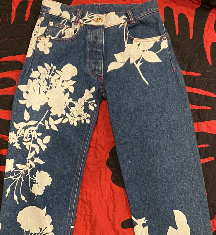 Vivienne Westwood blue denim pants with bleached floral Vivienne Westwood blue denim pants with bleached floral