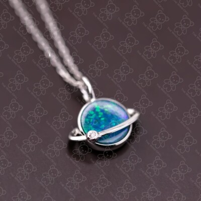 Earth Moon Design Australian Doublet Opal & Diamond 18K White Gold Necklace