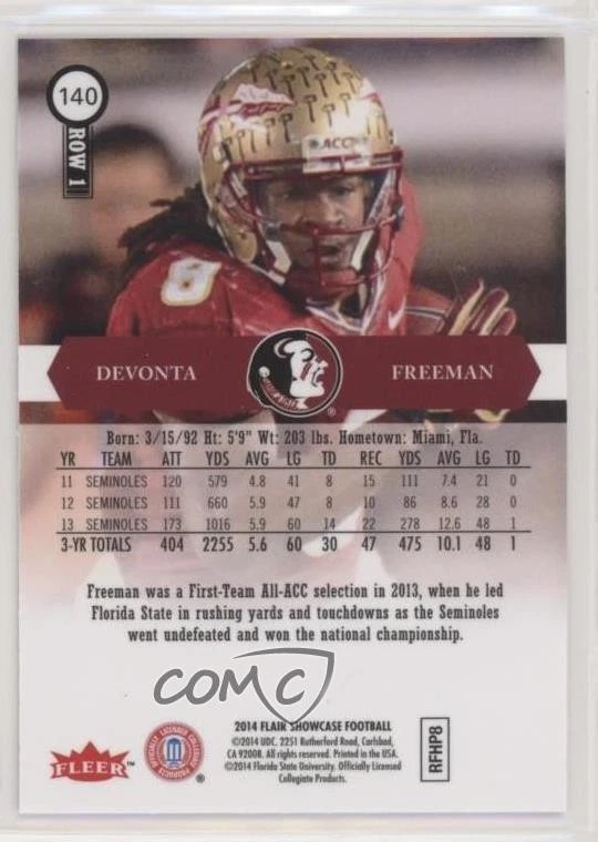 2014 Flair Showcase Row 1 Devonta Freeman #140 Rookie RC - Image 2 of 2