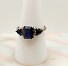 Vintage 925 Emerald Cut Blue Sapphire and Diamond Three Stone Ring Size 8