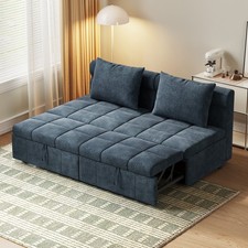 Blue Fabric 2 Seater Sofa Bed, Pull Out Sleeper Couch with Pillows