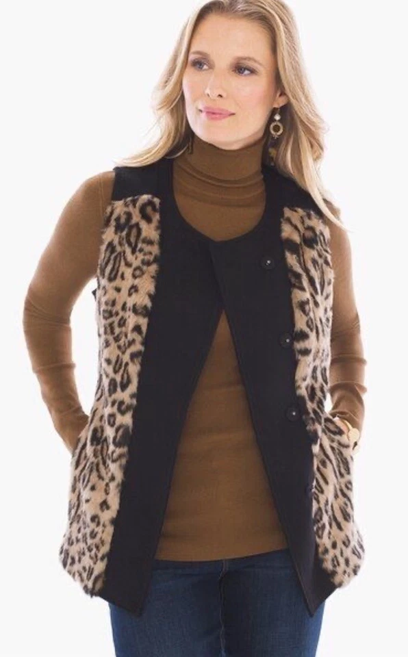 Chaleco Chico’s Talla 3 EE. UU. XL/16 Estampado de Leopardo Imitación Piel Bolsillos a Presión Forrado Foto 2 de 4