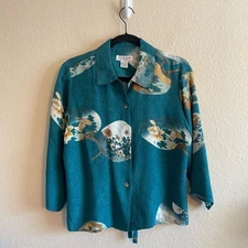 Vintage Teal Asian Fan Print Silk Button Up Collared Relaxed Fit Womens Size XS