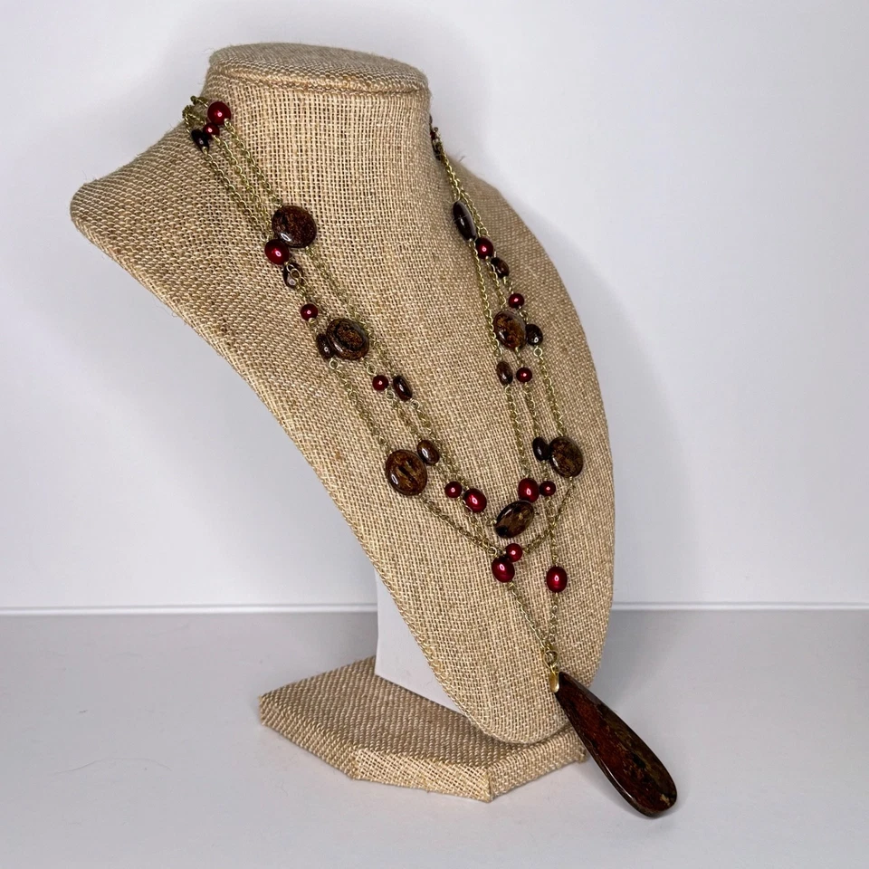 Collar colgante de bronce de tres hilos tono dorado Foto 3 de 4