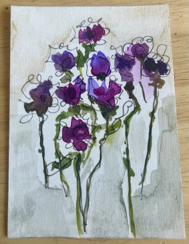 Original ACEO Abstract Botanical Watercolor Painting W/ Shimmer ‘French Flowers’