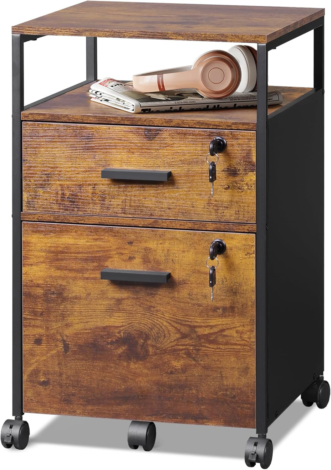 Filing Cabinet Lockable Drawers Under Desk Storage Printer Stand Rustic Wood