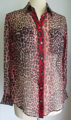 GORGEOUS EQUIPMENT BLOUSE 100%SILK IN ANIMAL PRINT RED & BLACK LONG SLEEVE SMALL