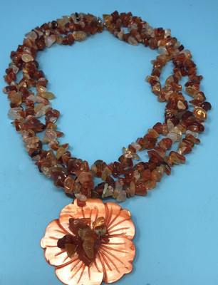 SS 925 Designer 3Strand Carnelian Agate w/Carved MOP Flower Pendant 18'' Necklace