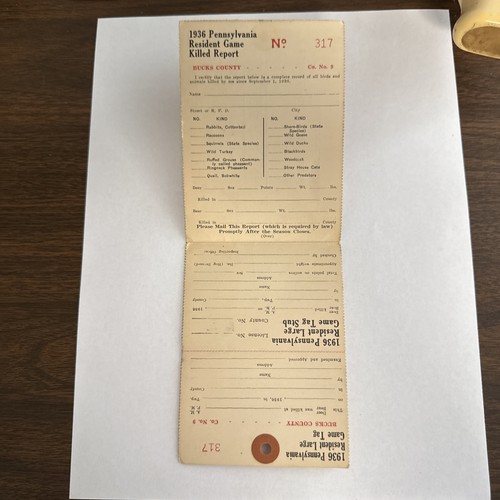 Pennsylvania Hunting License 1936 Bucks County Co 9 No. 317 & Game Killed Report - Picture 12 of 16