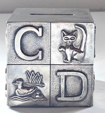 Silver Plated Baby Block Bank w/ Felt Bottom ABCs - Piggy Bank Vintage