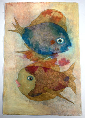 Original Mixed Media Drawing Two Tropical Fish Underwater 22x15  Folk Art