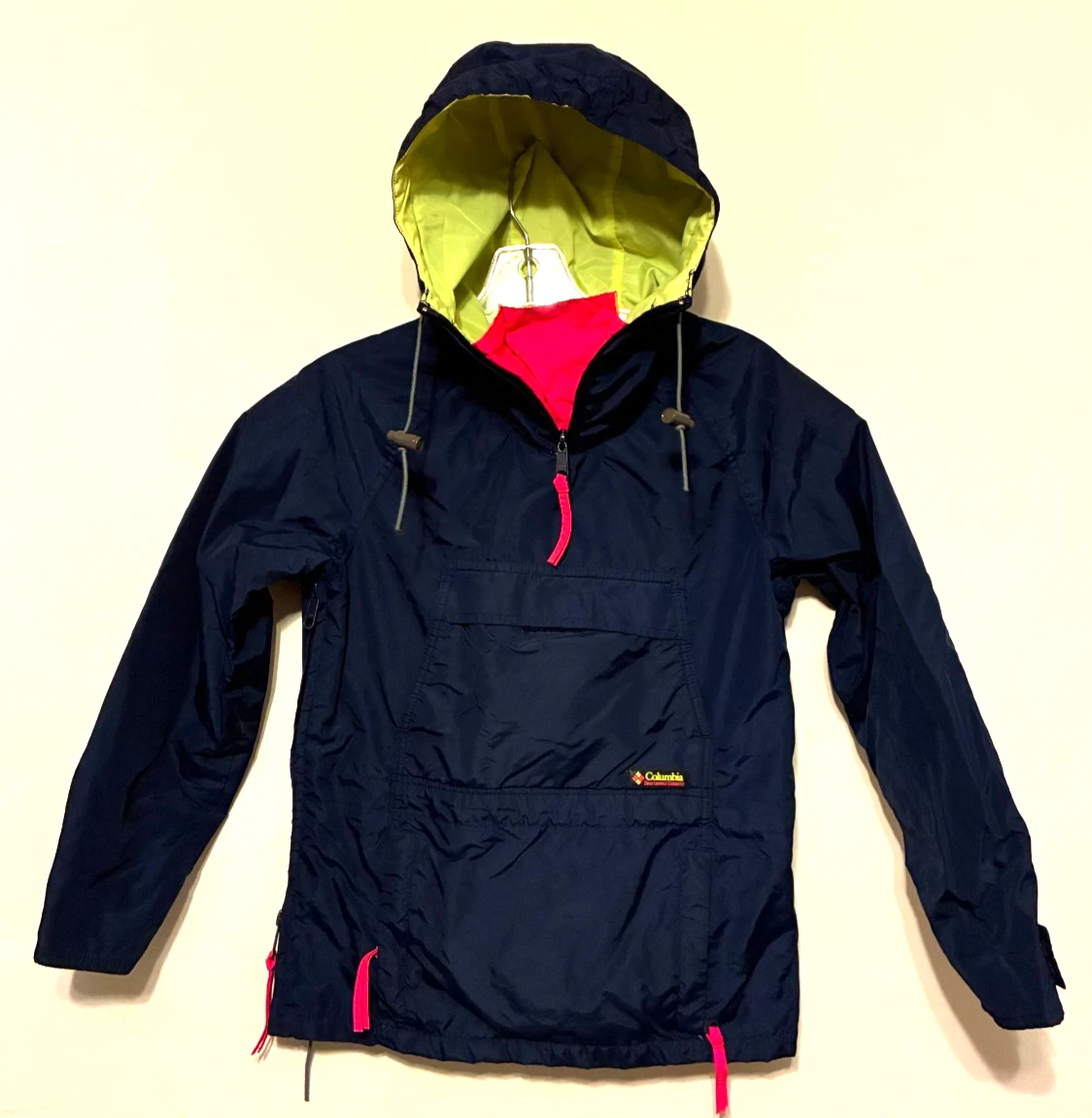 Vintage Columbia Youth Kids Medium NEON Pullover 1/4 Zip Hood Jacket Raincoat