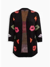 Torrid Drop Shoulder Open Cardigan Colorful Lips Print Black 3 3x 22 24 #A26219