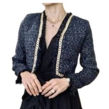 Nwot Christian Lacroix Black & Blue Tweed Jacket Gold Chain Accent Blazer Xs