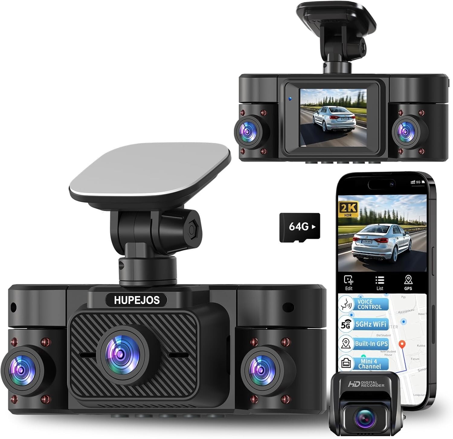360° 4-Channel 4K/2K FHD Dash Cam for Front Rear Inside Car Recording-image