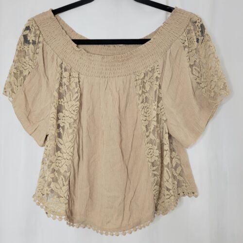 Pan Handle Slim Off Shoulder Top Medium Tan Lace Short Sleeve