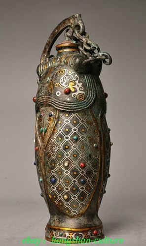 12'' Old Dynasty Bronze Ware Silver Gilt Cicada Cicala Got it Inscription Kettle - Picture 2 of 9