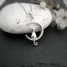 Cat on Crescent Moon pendant in sterling silver, Cat lover charm, Cat mum gift