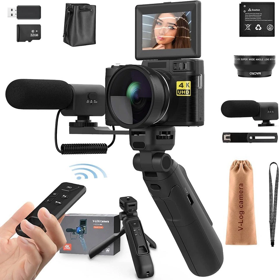 Digital Camera 4k 48MP 3.0" Flip Screen Remote Control Tripod Grip For Youtube