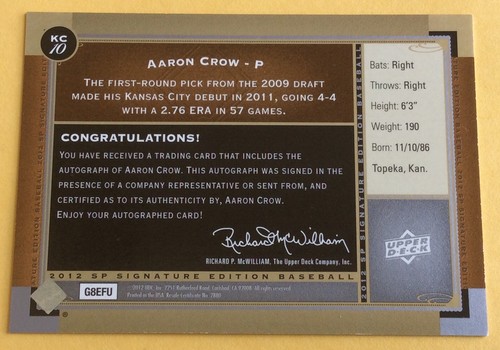 2012 SP Signature Edition Kansas City Royals Aaron Crow Auto Trading Card NM-MT - Picture 2 of 2