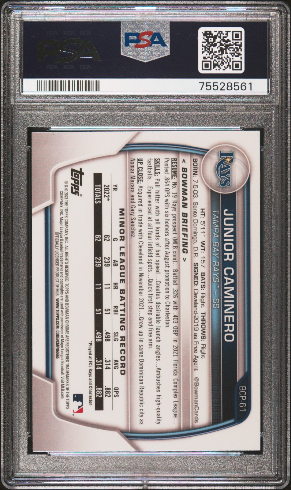 PSA 10 JUNIOR CAMINERO 1st 2023 Bowman Chrome Prospects RAYS Rookie RC GEM MINT view 2