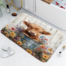 Cow Bath Mat, Farmhouse Rustic Floral Funny Highland Cow Bath Mat, Western Cute