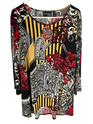 ATTITUDES By RENEE Top Size 1X Stretch 3/4 Sleeve AOP Design Gorgeous Blouse NEW