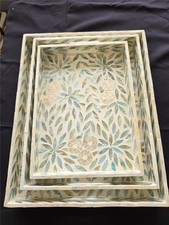 == Tozai Home 3 PC Decorative Serving Tray Set Inlay Aqua Jewel Tones Handmade