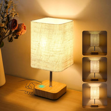 Dimmable Touch Control Bedside Lamp with Wood Base and Fabric Shade