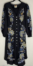 Farm Rio Dress Womens Scalloped Floral-Print Midi Stitched Garden Black Large