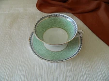 RARE VTG TUSCAN CHINA Porcelain Cup & Saucer White Green Grey Gold 9208 England