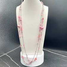 Vintage Pink Faux Pearl Crystal Glass Silver Tone Beaded Necklace Statement Boho