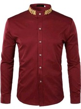 Long Sleeve Casual Dress Shirt Mandarin Collar Gold Embroidery size S NWT