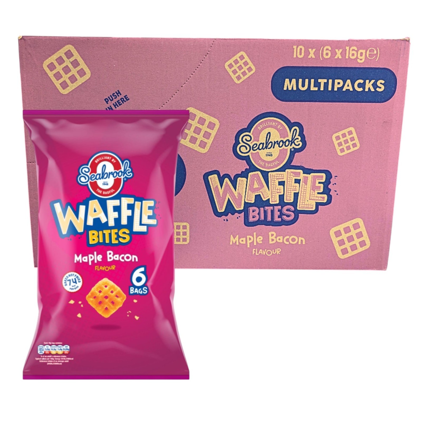 Seabrook Waffle Bites Maple Bacon Crisps 10 x 6 Pack (60 Bags) - Baked Snacks