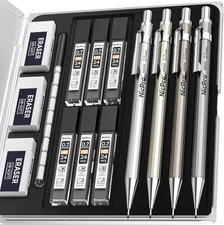 Nicpro 4 Pack Mechanical Pencil 0.7mm with Case, MB1000 Metal 0.7mm, Black 